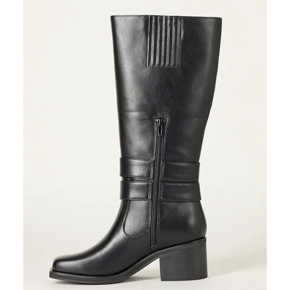 The Drop‎ Women's Biker Boot with Buckles 6.5 Black Faux Leather Side Zip